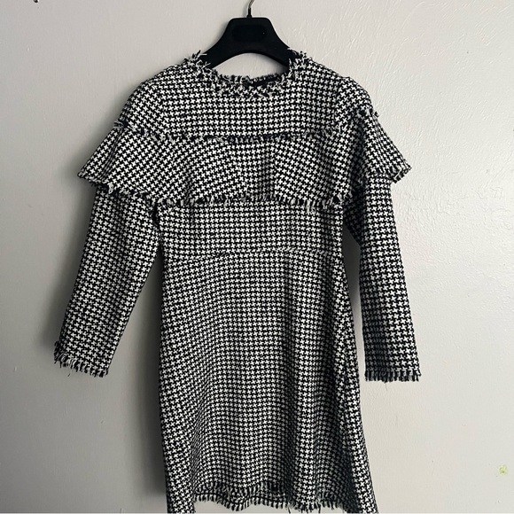 Zara Ruffle Top Tweed Classic Houndstooth Flare Dress XS - Picture 8 of 14